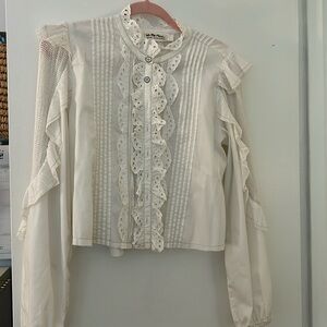 Free People White Ruffle Long Sleeve Blouse extra Small